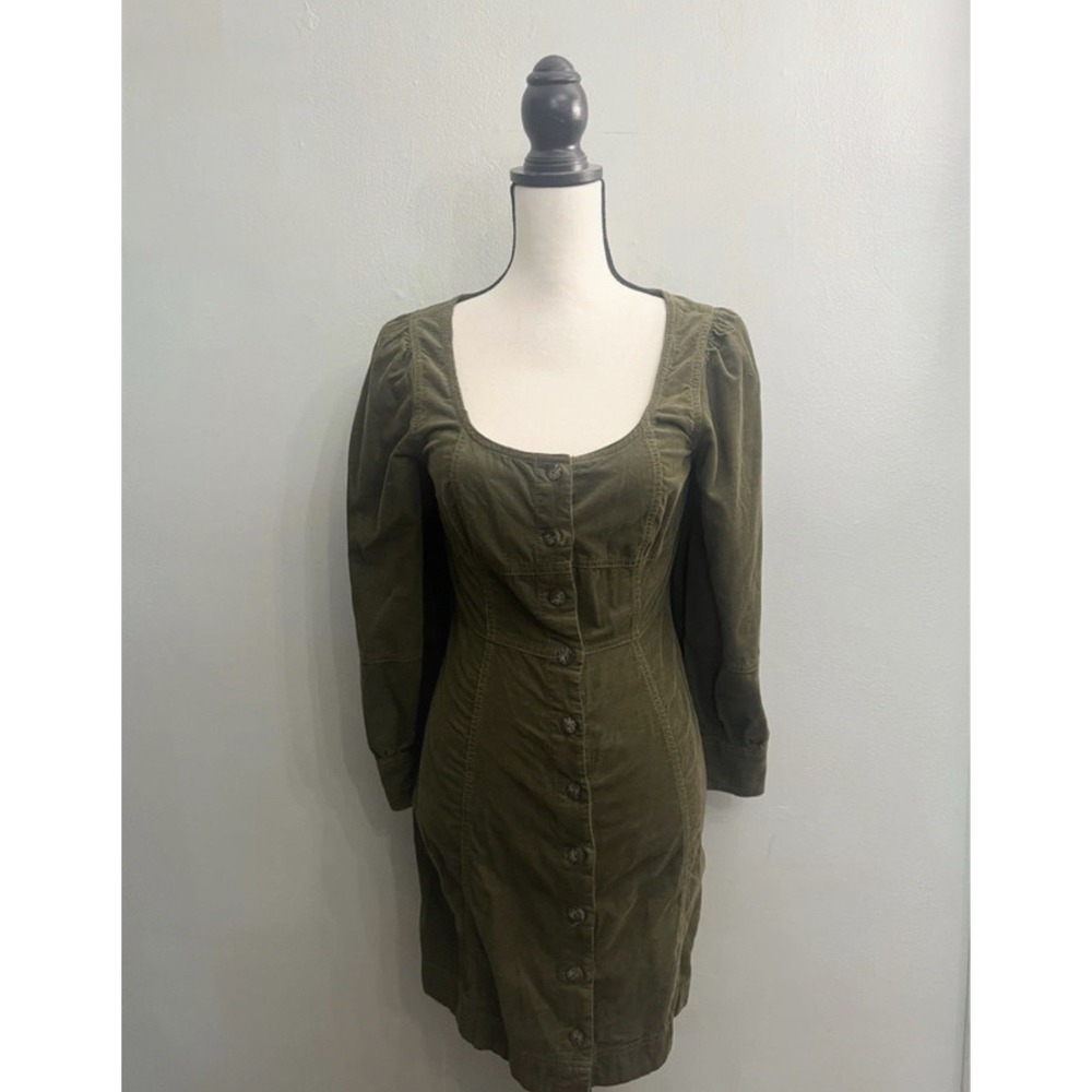 Madewell Olive Corduroy Button Front Puff Sleeve Cottagecore Mini Dress Size 2